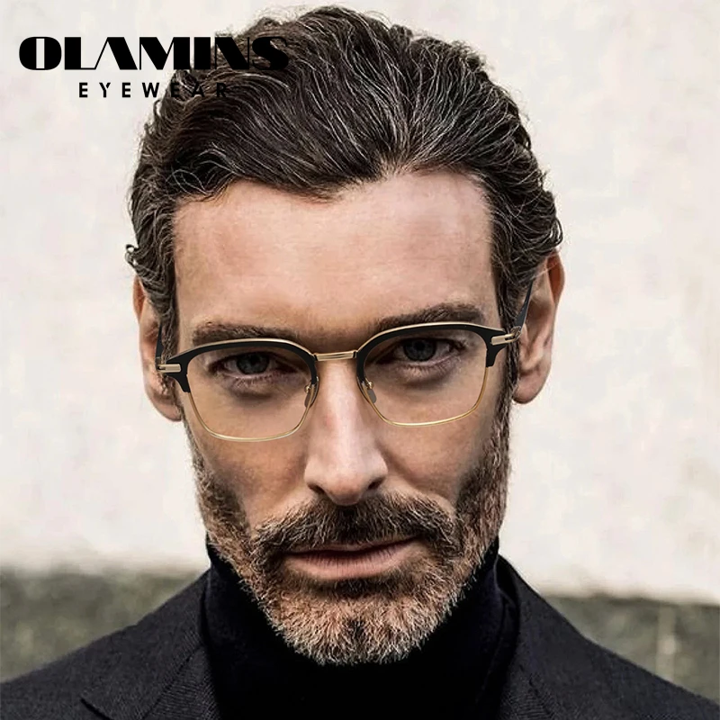 OLAMINS  Pure Titanium Glasses Frame For Men Vintage Blue Light Blocking Computer Spectacles UV400 Protection Eyeglasses OL22142