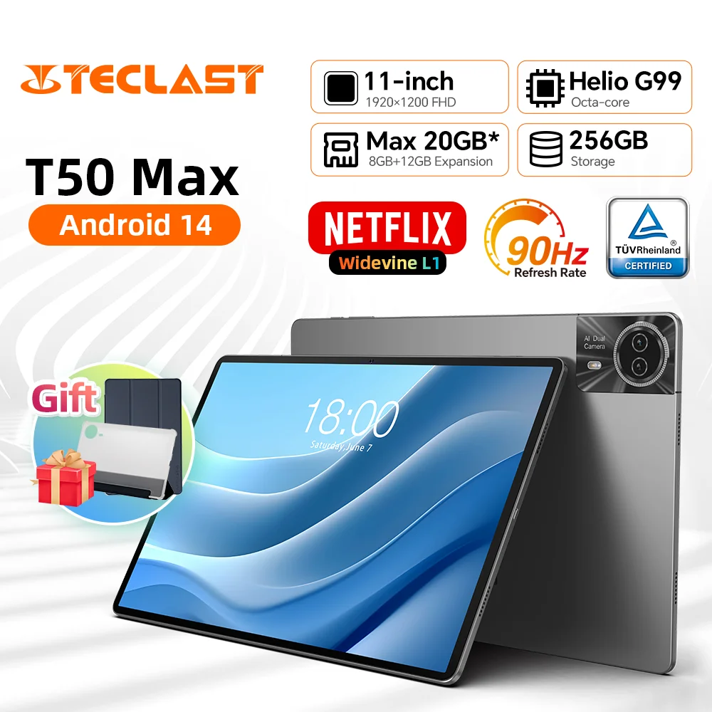 Teclast T50Max Android 14 Tablet 11 90Hz Refresh Rate Max 20GB RAM 256GB ROM Helio G99 CPU 8000mAh 18W Fast Charging 4G LTE GPS