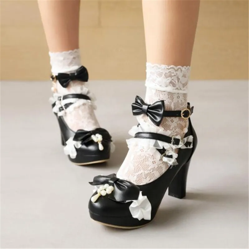 Sweet Lolita Shoes For Girls Round Toe High Heel Children Wedding Shoes Lace Kids Dance Shoe