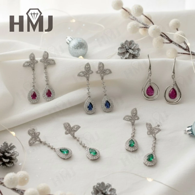 4X6mm Lab Grown Gemstone Earrings Ruby Sapphire Colombia S925 Butterfly Long Earring for Women Fashionable Christmas Party Daily