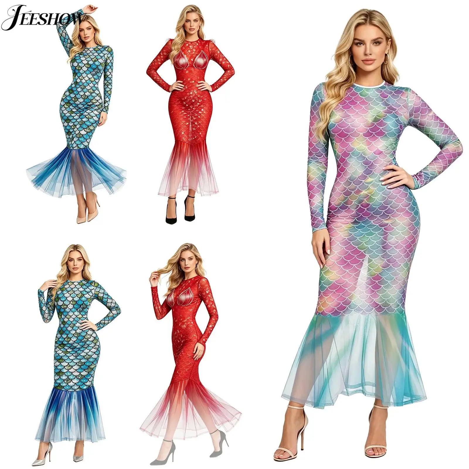 Womens Mermaid Printed Cover Ups Dress Fish Scale Print Sheer Mesh Long Sleeve Ruffled Hem Bodycon Fishtail Dress Beachwear