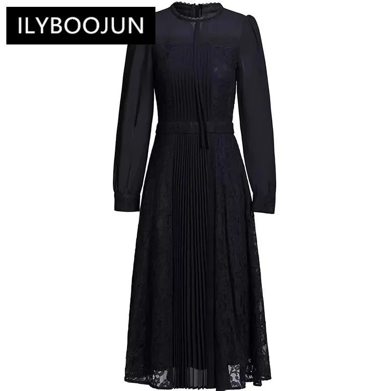 

Autumn Winter Women's Dress Long-sleeved Chic Lace Splicing High Waiste Vintage Temperament Dresse