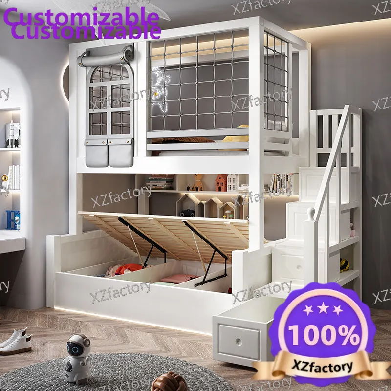 All-solid wood two-tier kids bunk bed, double-decker bed, loft bed, parent-child bed with slide and high guardrail for girls
