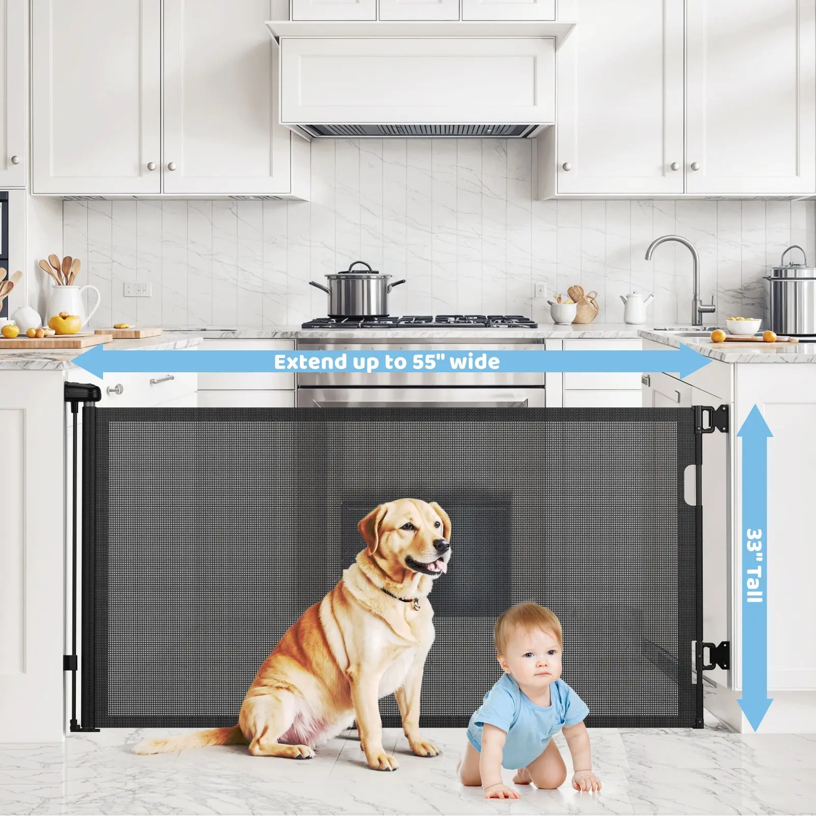 Porte rétractable en maille pour bébé/animal de compagnie, 33 pouces de haut, extensible à 55 pouces de large, porte de sécurité à verrouillage automatique pour portes/escalier/couleurs intérieures/extérieur