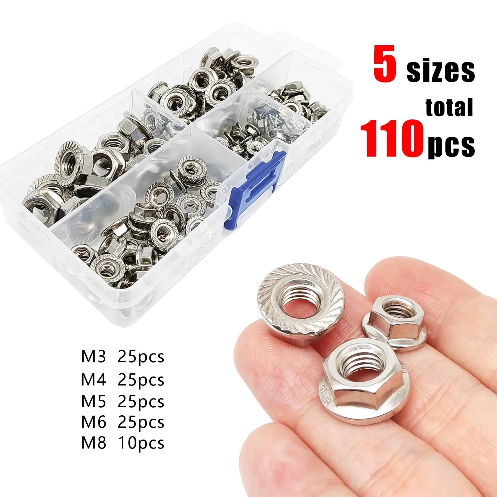 110pcs/Box DIN6923 Flange Nut Hex Hexagon Serrated Spinlock Lock Nut Set Mix Size M3 M4 M5 M6 M8 Assortment Kit Stainless Steel