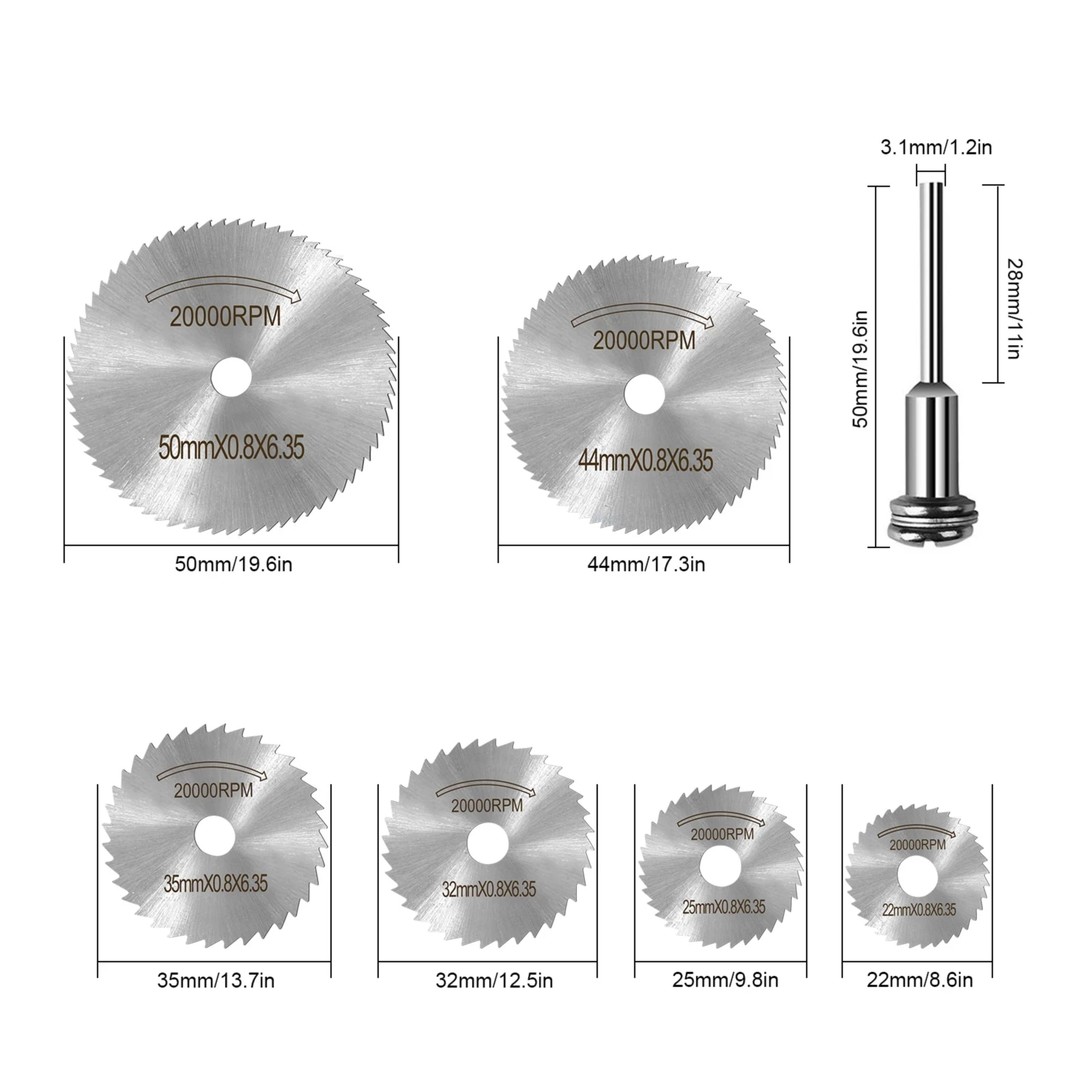Set di 7 ruote da taglio per utensili rotanti Lame per seghe circolari Dischi da taglio in acciaio ad alta velocità con gambo per il taglio del legno