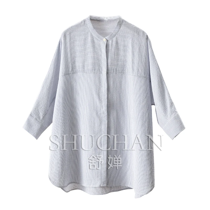 

Silk Cotton Bubble Crepe Stand-Up Collar Seven-Sleeve Shirt Women's 9W31 Women Tops Blusas Femininas Com Frete Gratis