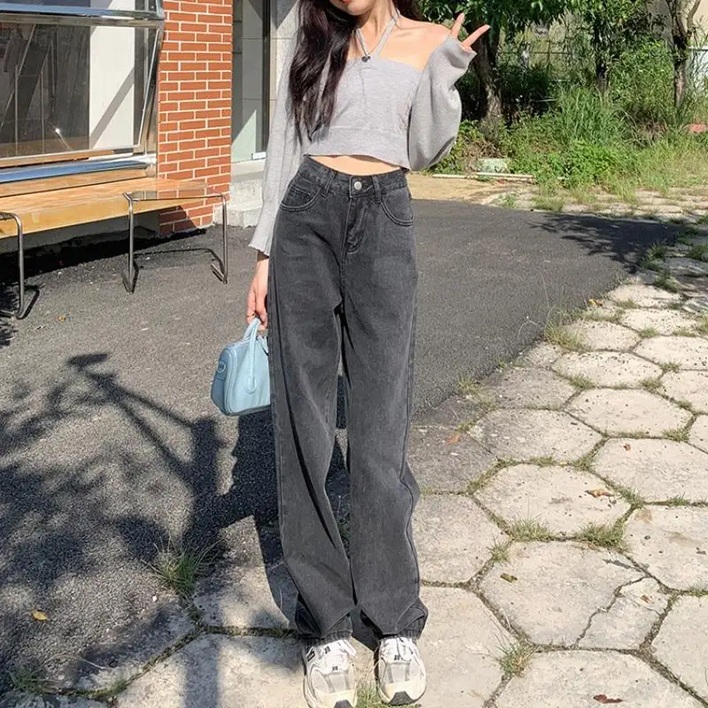 

Women's Smoky Gray Jeans Wide Leg Pants Retro Krean Oversized Harajuku Yk2 Streetwear Denim Pants Casual Loose Ladies Jeans