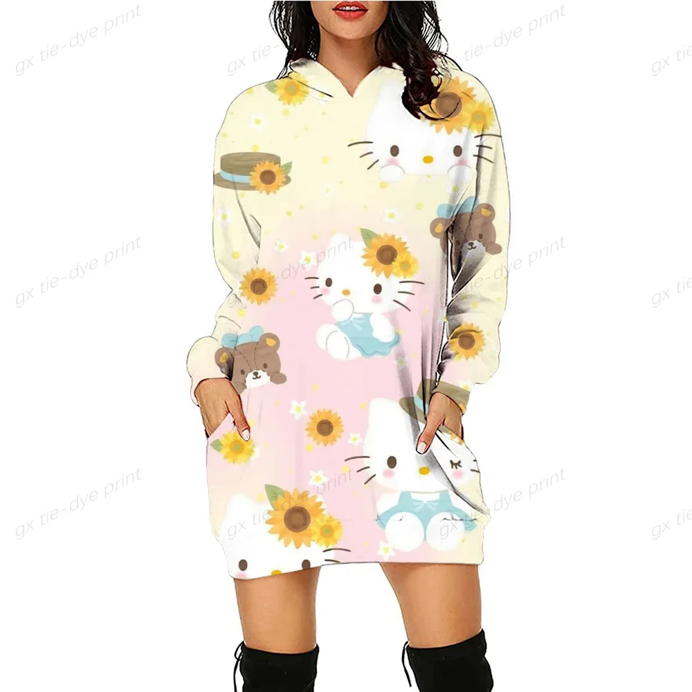 HELLO KITTY  Blocking Printed Sweatshirt Women Fashion Casual Long Sleeve O Neck Pullover Hoodies Autumn Slim Fit Hoodies Dress