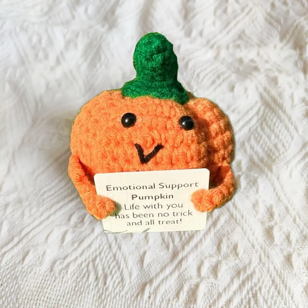 Halloween Positive Crochet Pumpkin Handmade Knitted Pumpkin Emotional Support Doll with Encouragement Card for Home Decoration