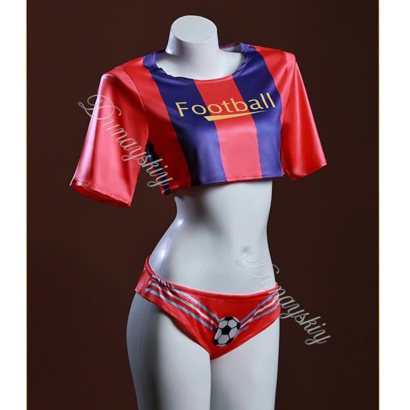 Women Football Cheerleader Two Piece Lingerie Set Red Purple Stripe Crop Top Football Themed Bikini Lingerie for Club Party view 3