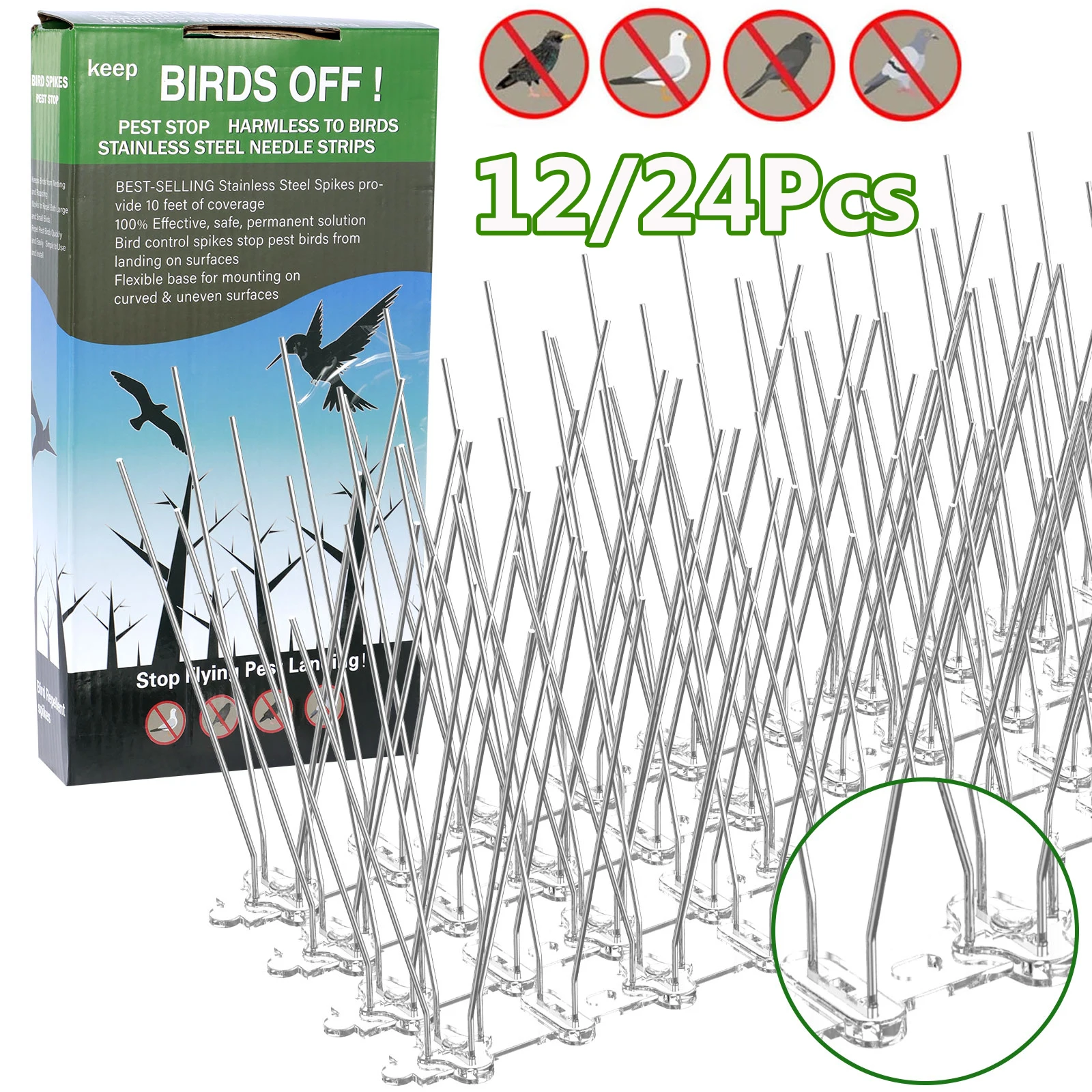 

12/24Pc Stainless Steel Bird Repeller Set Deterrent Anti Bird Pigeon Fence Pigeon Spikes Repellent Squirrel Cats for Garden Roof