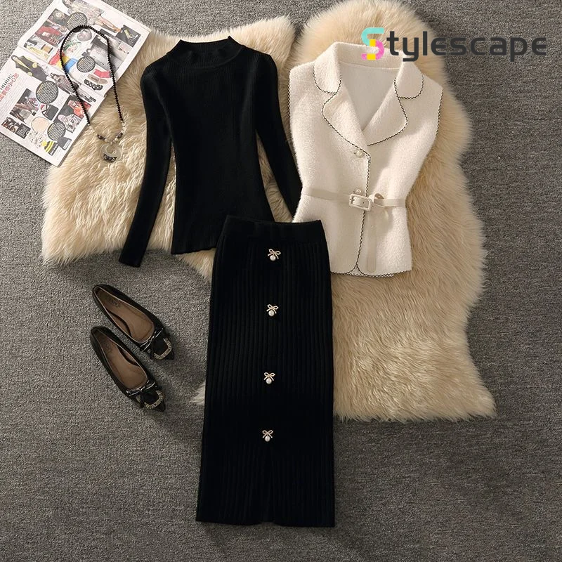 Autumn Style New Women\'s Suit Temperament Socialite Suit Collar Vest Knitted Sweater Package Hip Skirt Three Piece Set