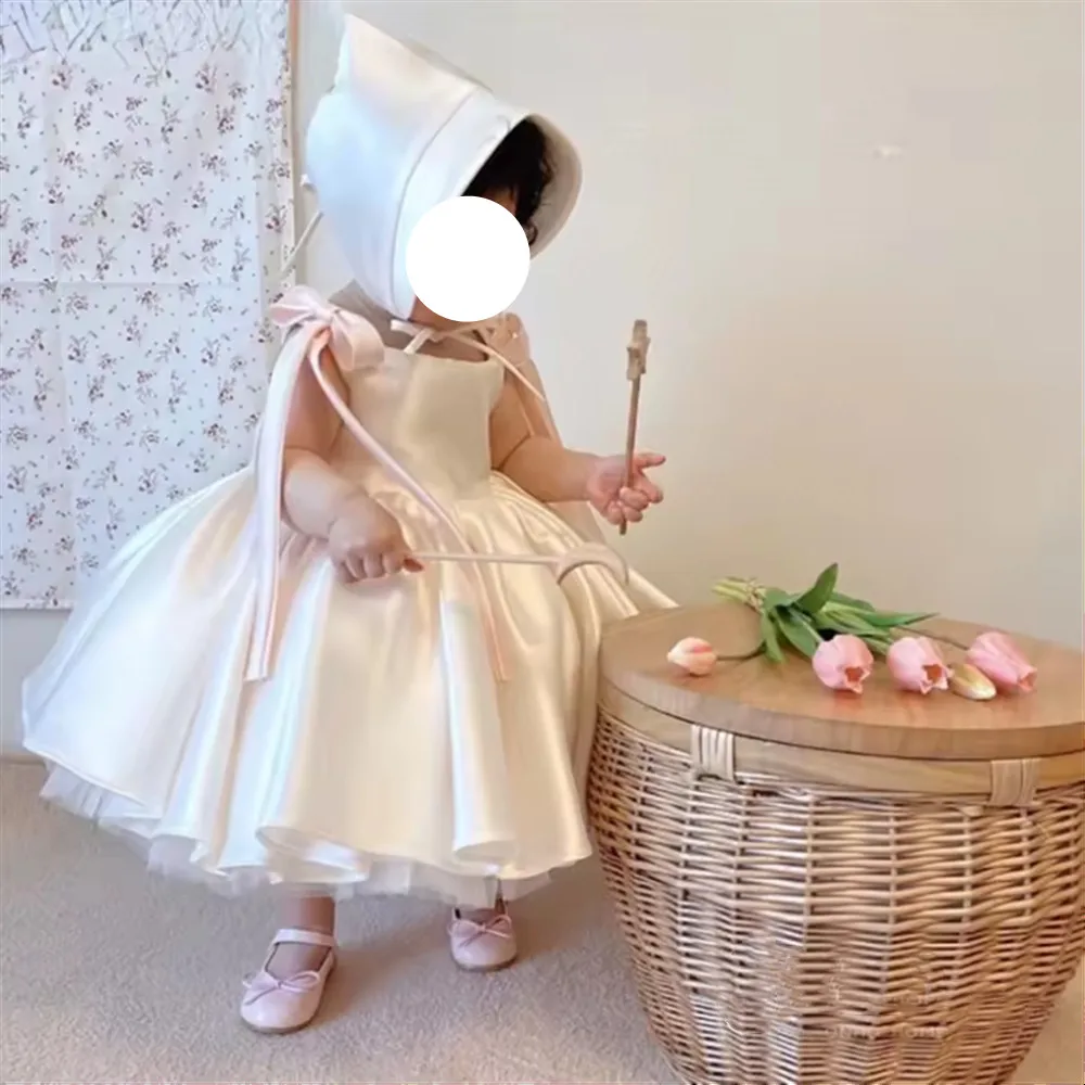 

Элегантное атласное платье для девочки на свадьбу, без рукавов, в стиле принцессы, для дня рождения, крещения, на заказ