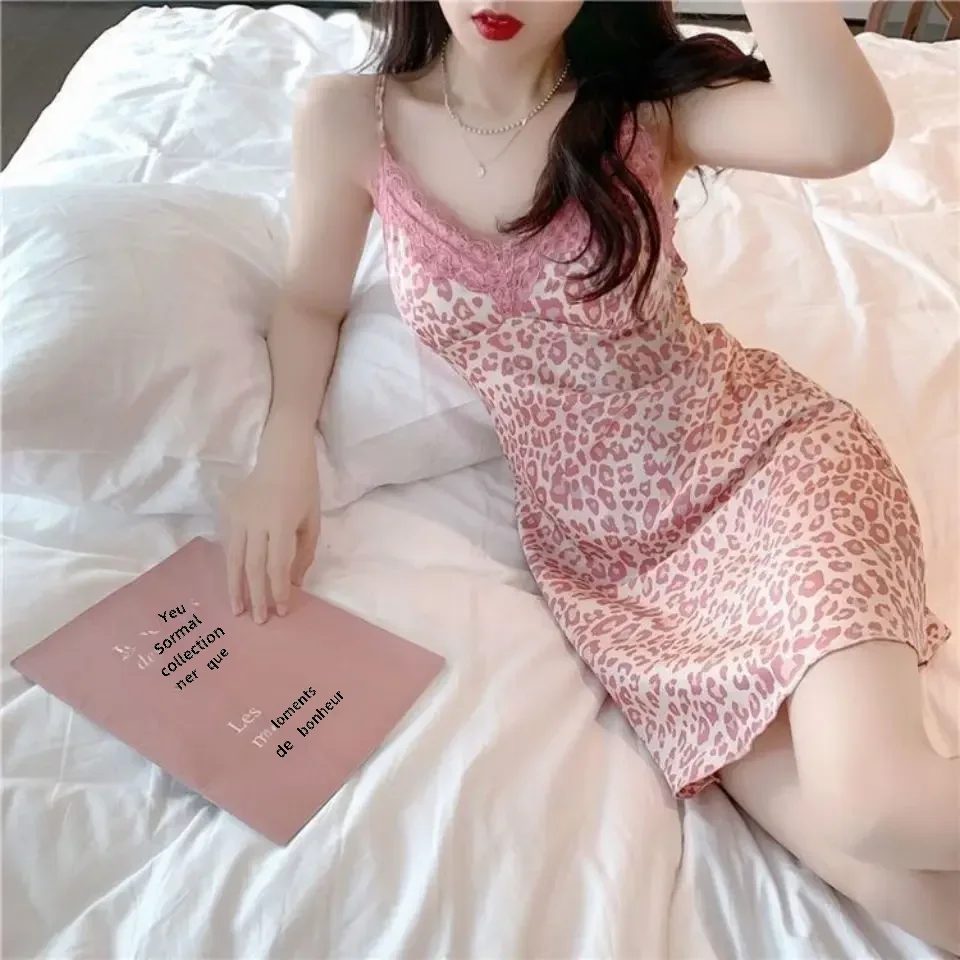 

Pink Leopard Print Sexy Lace V-neck Sleeveless Nightgown Summer Shirt Homewear Daily Leisure for Women