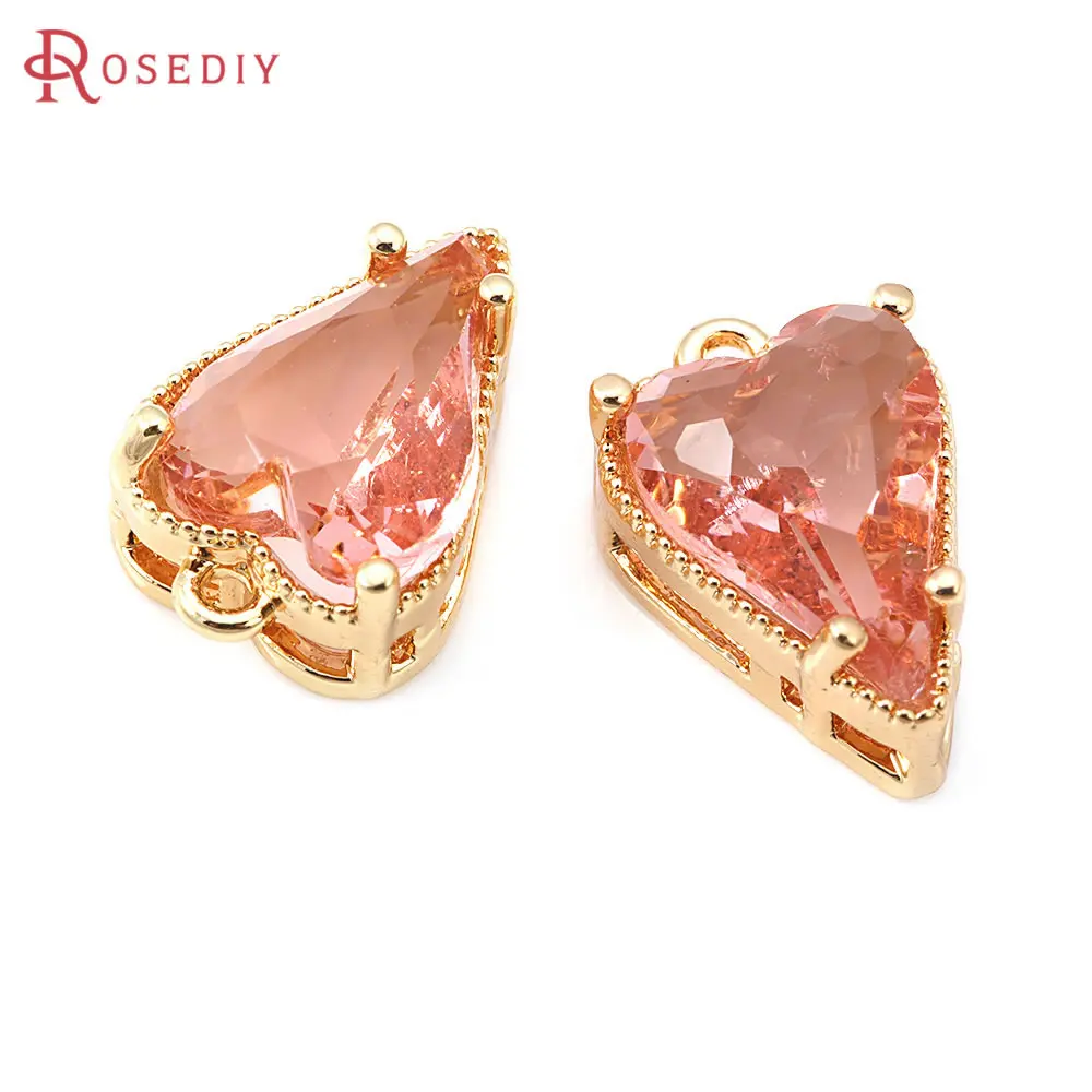 10PCS 18K Gold Color Brass and Glass Heart Charms Pendants High Quality Jewelry Making Necklace Earrings Accessories for Women