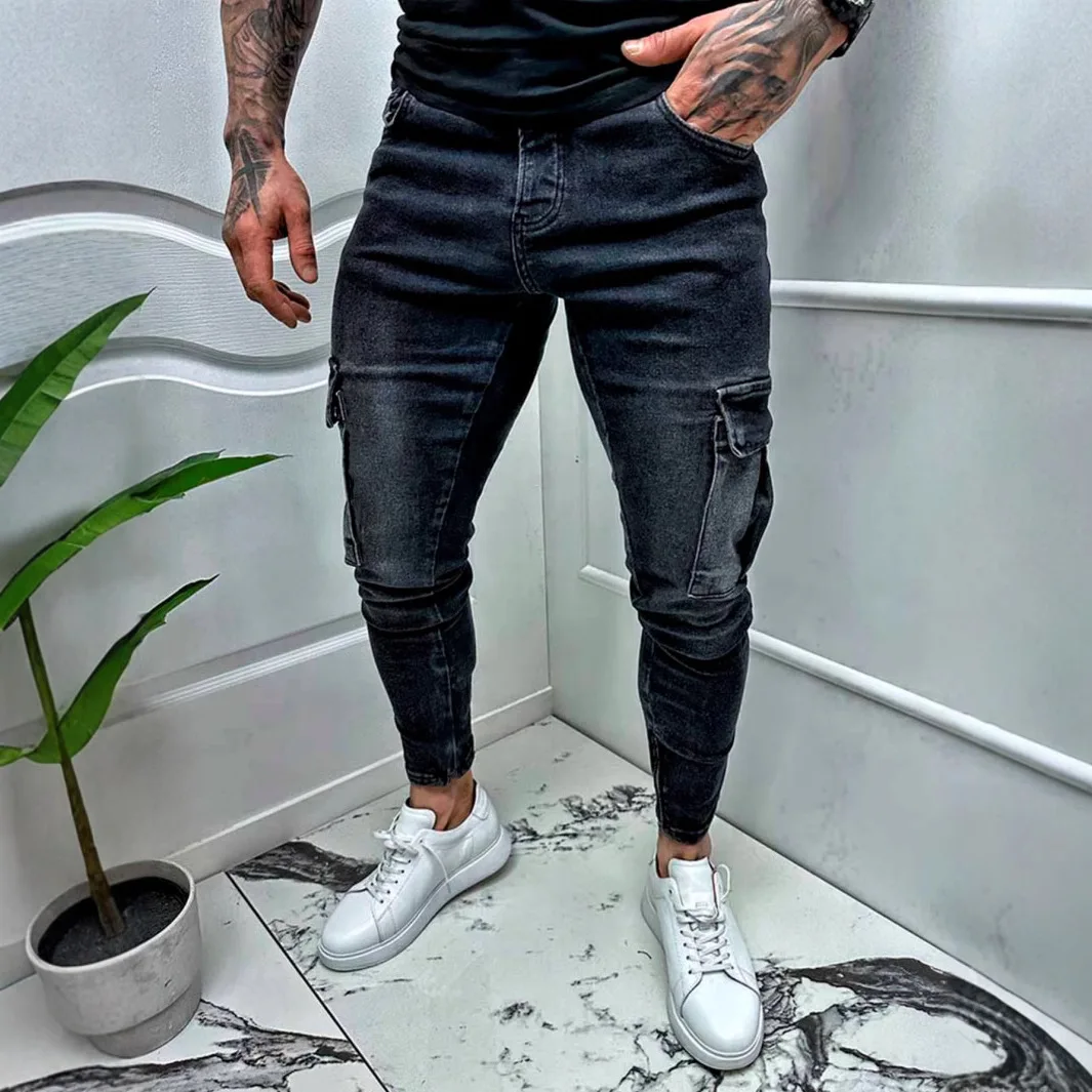 

Four Seasons New Fashion Men's Casual Trendy Washed Black Multi Pocket Skinny Jeans Pencil Pants Slim American Denim Trousers
