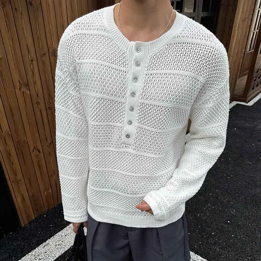 

2025 Winter New Male Solid Color Long Sleeve Hollow-Out Sweater American Retro Fashion Trend Street Casual Loose Niche Men's Top
