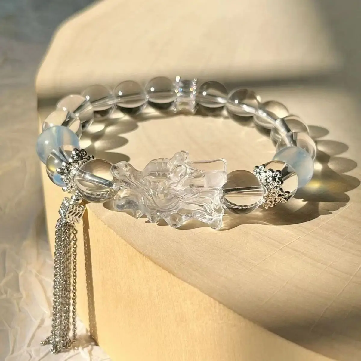 

7A Boutique Pure Natural White Crystal Bracelet Original Design Crystal Dragon Year Bracelet Aquamarine Embellishment