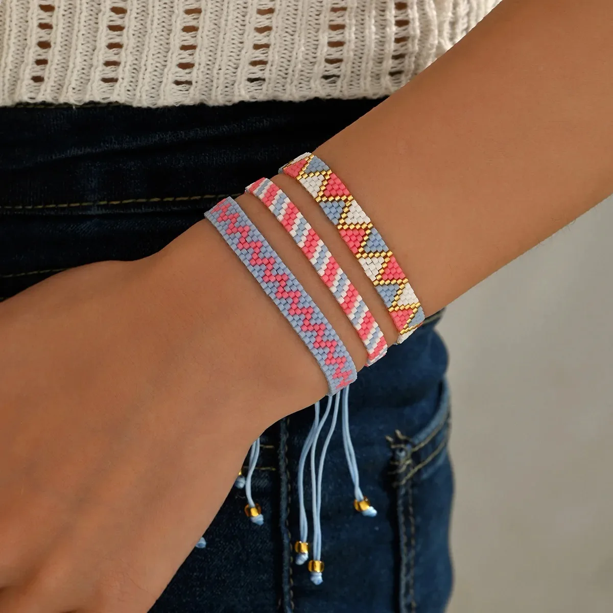 Bohemia Rice bead bracelet Adjustable Set Geometry Triangle Color mixing Hand-woven Personality National style Creativity Beaded