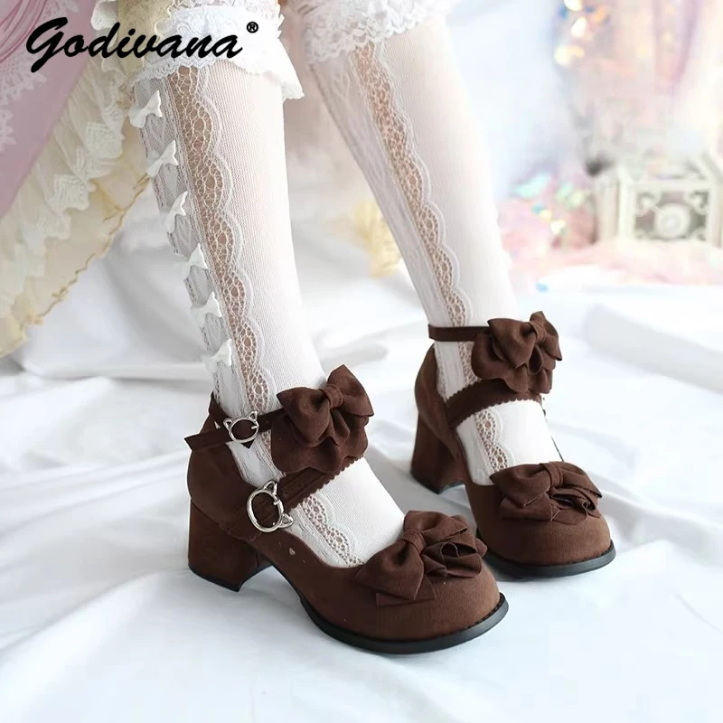 

Mary Jane Shoes for Women New Spring and Autumn Mid-Heel Cute Bow Height-Increasing Leather Shoes High Heels Suede LO Shoes