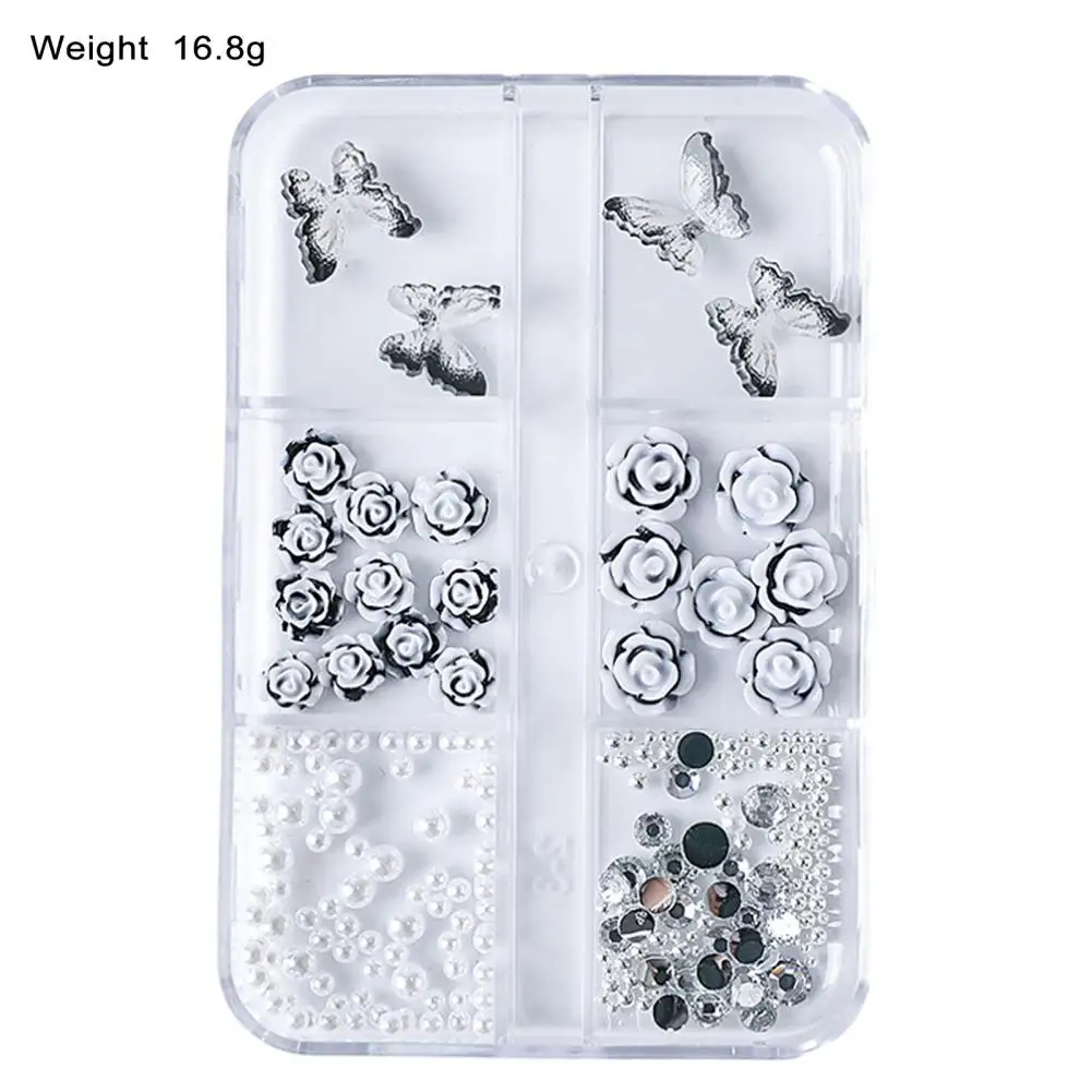 1 Box 3D Pearl White Aurora AB Camellia Black Rose Flowers Resin Nail Art Rhinestones Decoration Manicure Charms Art Accessories