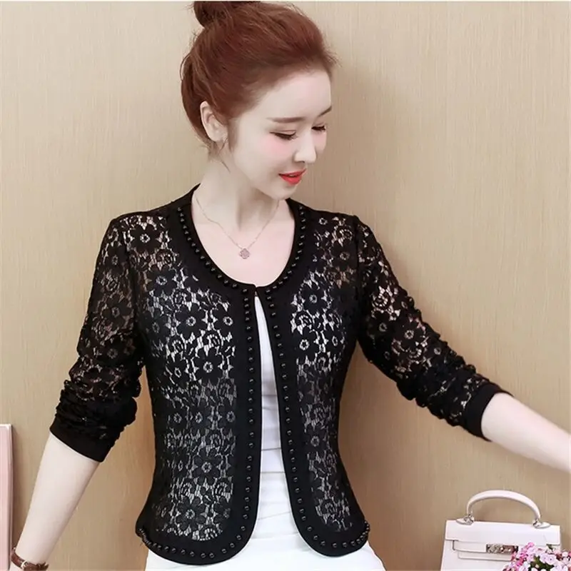 Women\'s Lace Top Sun Protection Short Jacket Spring and Summer Lace Cardigan Korean Thin Plus Size Bead Hollow Out Small Shawl