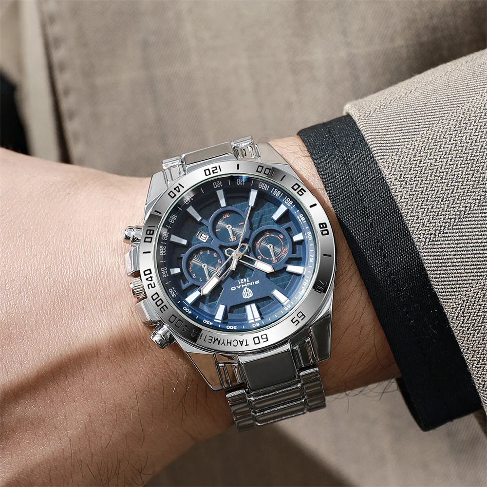 Fashion Men Two Tone Quartz Watch Decorative Multi Sub Dials Tachymeter Bezel Stainless Steel Strap with Date