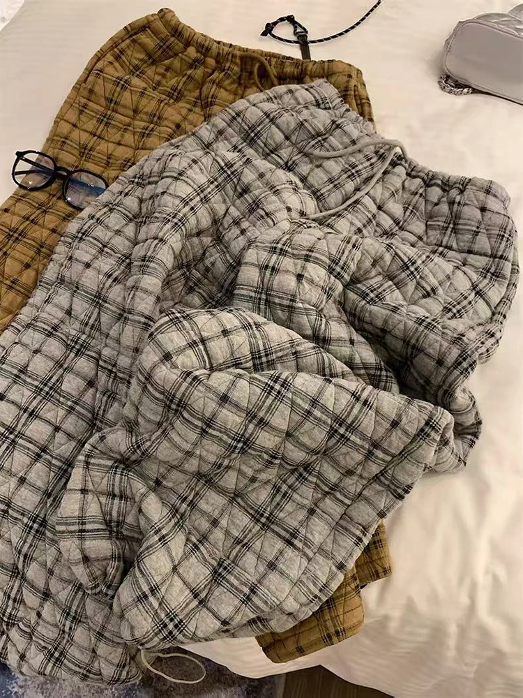 Vintage Plaid Wide Leg Pants Women Y2K Winter Thick Loose Drawstring Argyle Jogging Korean High Waist Streetwear Casual Trousers