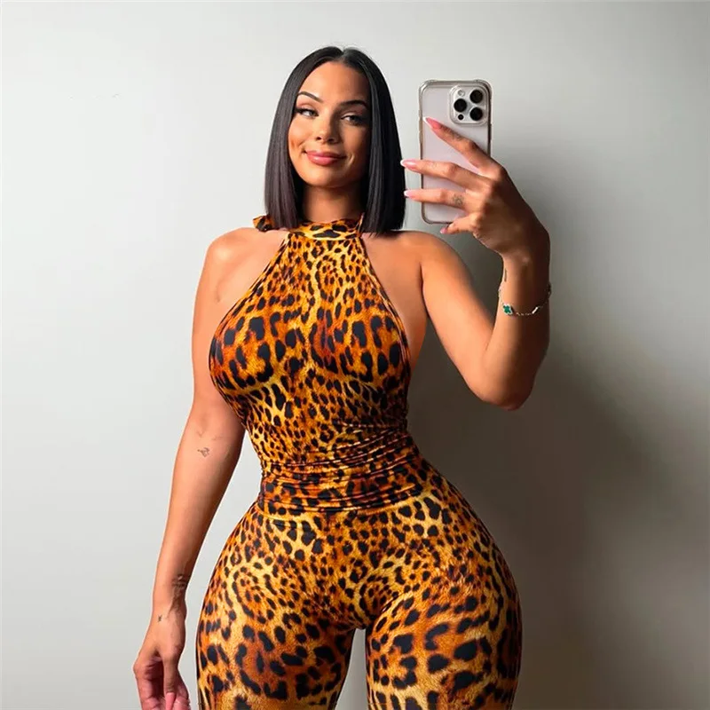 

Sexy Print Halter Romper Women 2025 Summer Colorful Hipster Backless Bandage Activity Tight Stretch Playsuits Party Clubwear