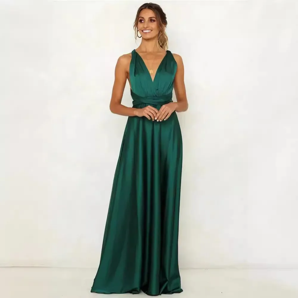 Summer Wedding Guest Maxi Dress Sexy A Line V Neck Spaghetti Strap Satin Solid Color Party For Wedding Elegant Prom Dress