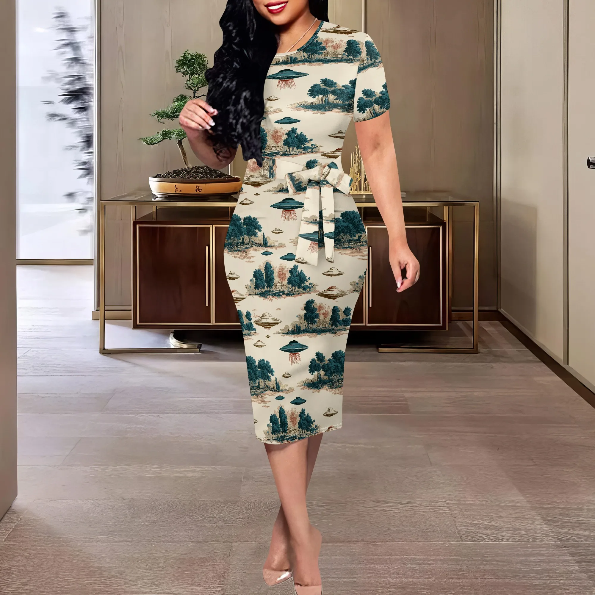 

UFO Ink Landscape Print Dress XS-3XL – Surreal Art Midi with Waist Tie for Gallery, Festival or Statement Look