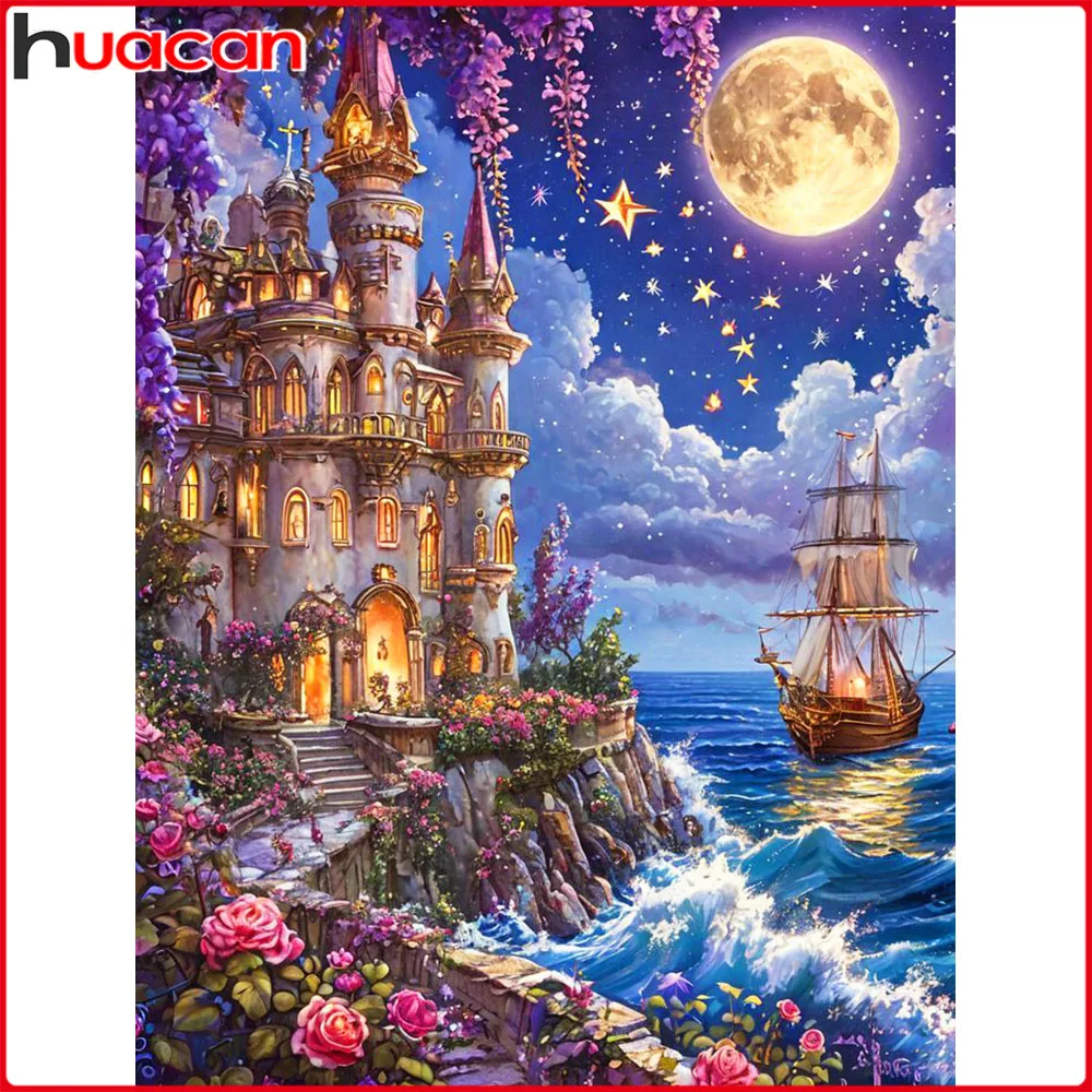 Huacan Diamantmalerei, Meer, Mond, Boot, Schloss, Diamantmosaik, Landschaft, neue Kollektion, Bild von Strasssteinen
