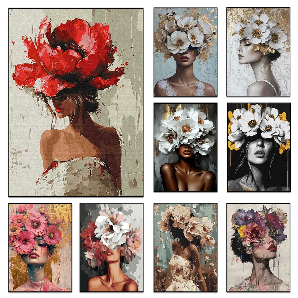 Moderner Blumen-Porträt-Posterdruck für Wohnzimmer-Dekoration, Moderne Blumen-Mädchen-Leinwandmalerei, Abstrakte Wandkunst