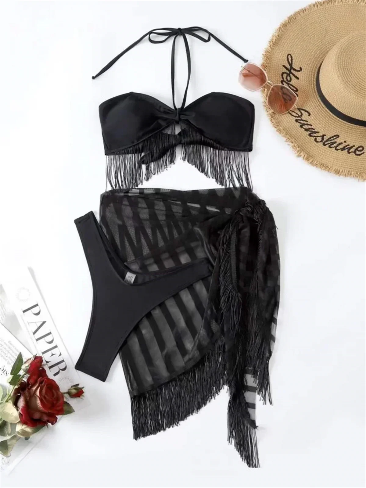 Gonna sexy con nappe Set bikini Donna Nero Bianco Push Up 3 pezzi Mesh Cover Up Costume da bagno Cut-Out Costume da bagno Perizoma Costumi da bagno 2025