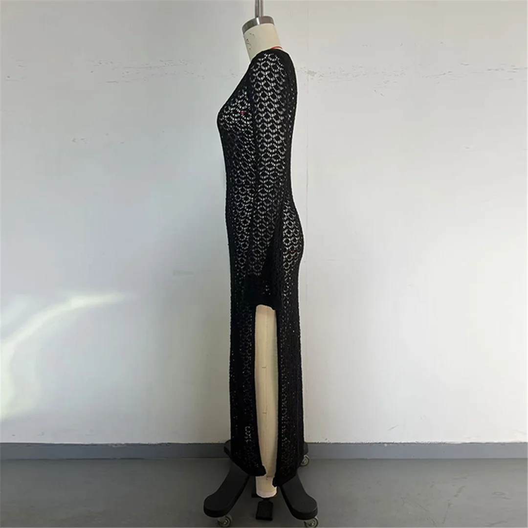 Ausgeschnittenes, langärmliges, hochgeschlitztes, gehäkeltes, gestricktes Tunika-Strandkleid, Strandkleid, Strandmode, Damen V8512 – Detail 19