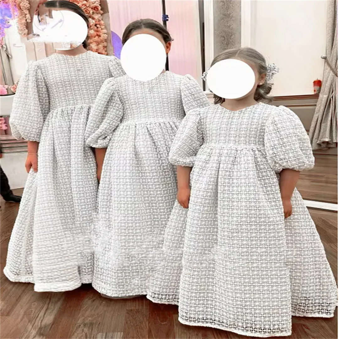 Ivory Milk Lace O-neck Flower Girl Dress For Wedding Puffy Lattern Half Sleeves Princess Kids Birthday First Communion