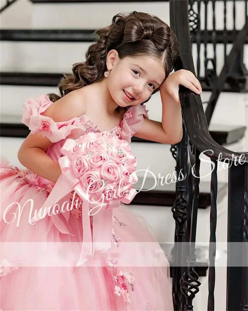 فساتين فتاة الزهور مزينة بالدانتيل الوردي لحفلات الزفاف مع ذيل لحفلات أعياد الميلاد وحفلات التواصل الأول حسب الطلب