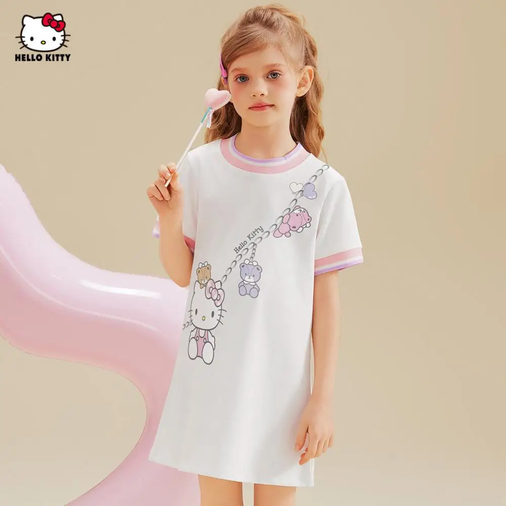 

Kawaii Sanrio Hello Kitty Girls Printing Dress New Summer Cartoon .t-Shirt Skirt Child Tops Sweet Leisure Short Sleeve 3-14Y