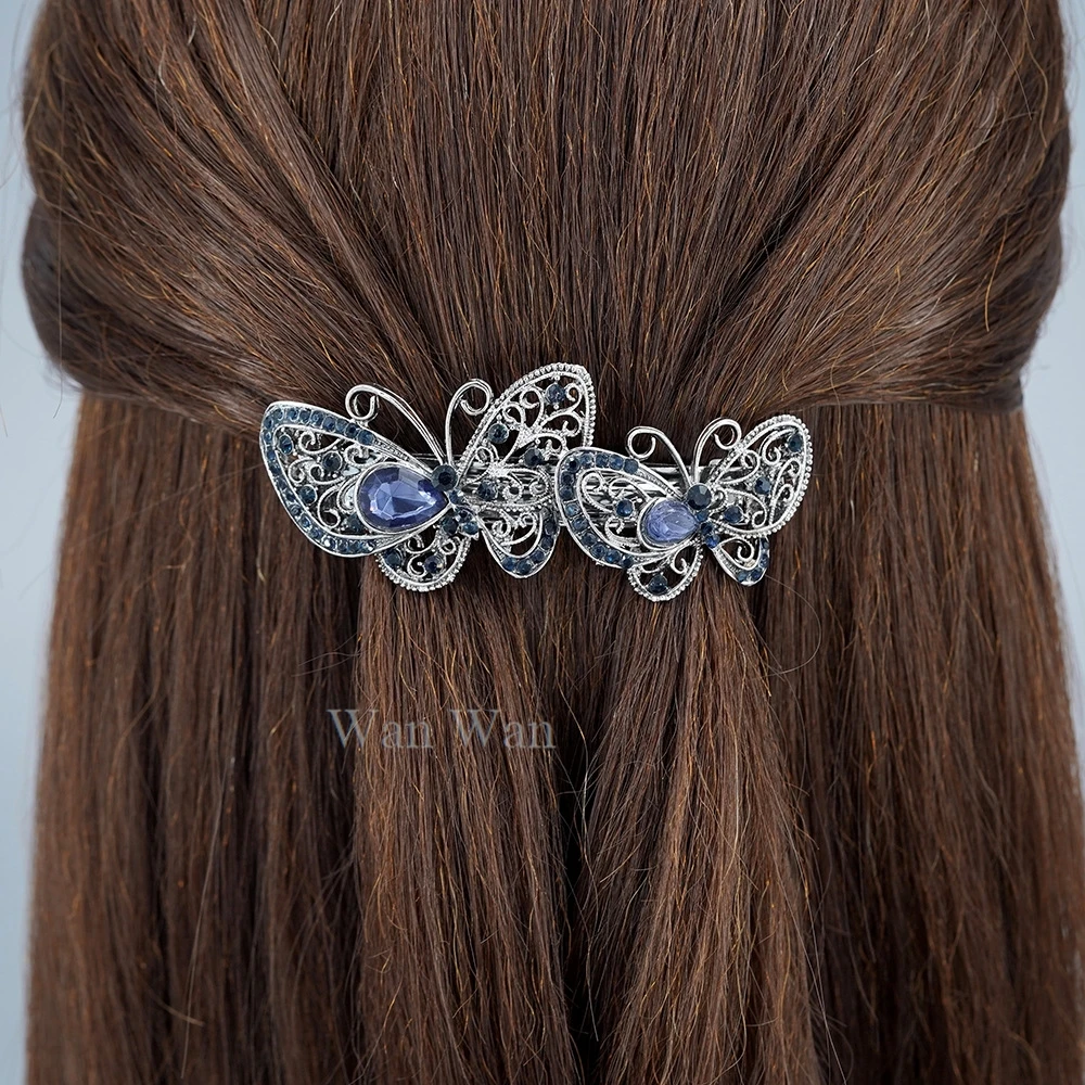 Royal Blue Spring Hair Clip Women\'s Rhinestone Hairpin Black Flower Hair Accessories Retro Style Ponytail Hair Barrette Y0517