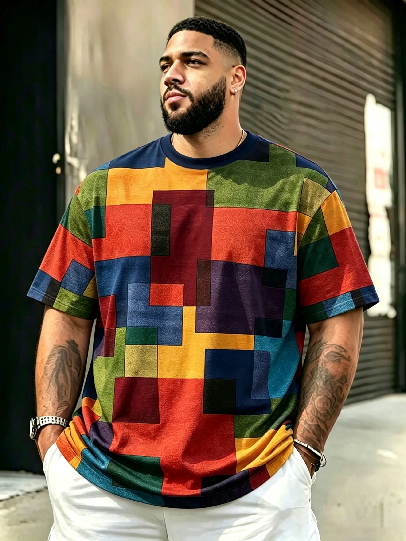 Street Art Mosaic Color Block 3D Short Sleeved High Street Oversized Loose Casual Color Splicing T-shirt for Both Men and Women