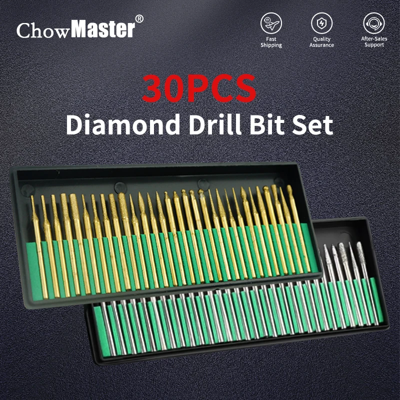 Chowmaster 2.3/3mm Shank 30PCS Set Diamond Granding Head Rotary Burrs for Dremel Electric Grinder Abrasive Tools