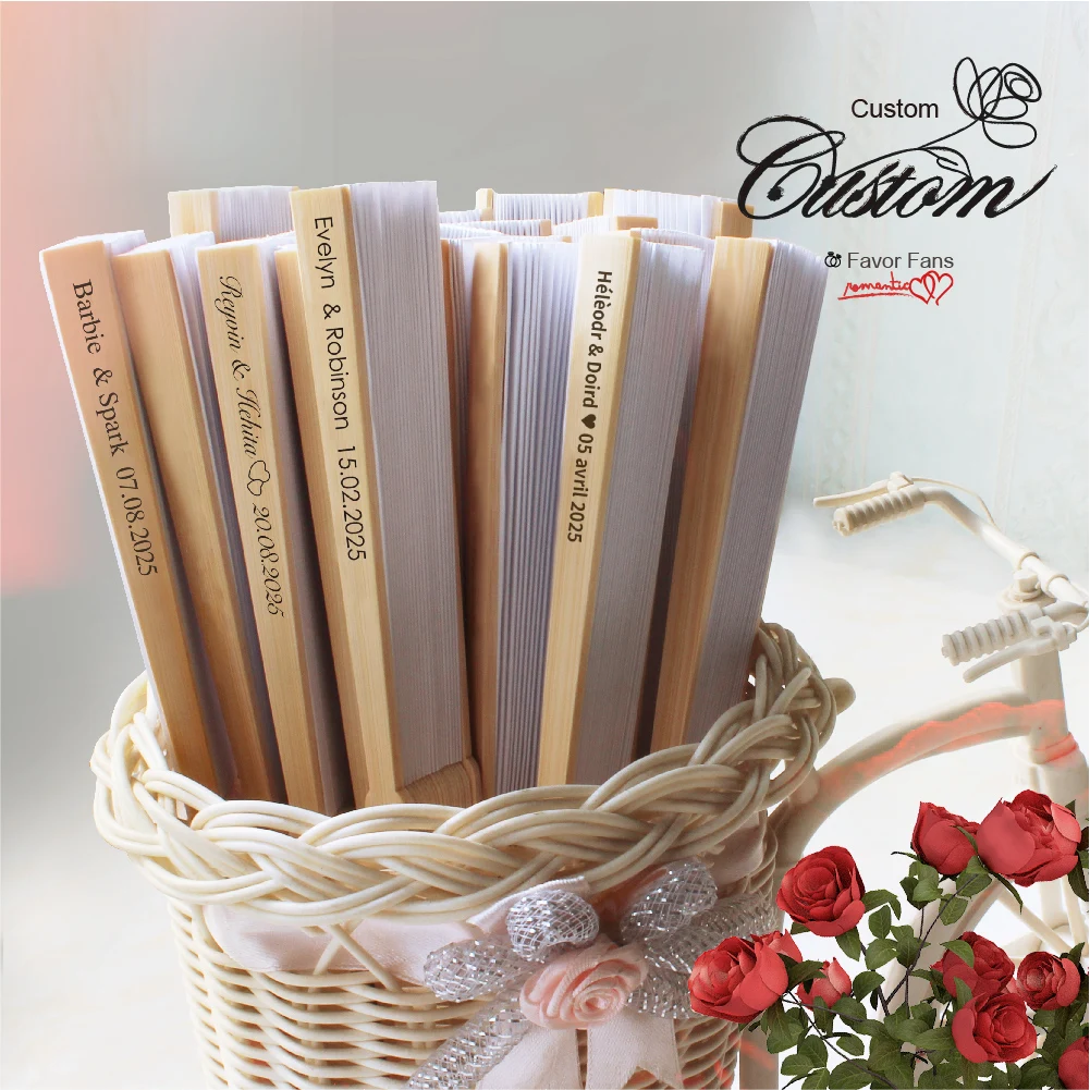 20 // 340/50 مراوح ورقية أنيقة قابلة للطي باللون الأبيض مع نقش شخصي، دش زفاف مع شاش ومراوح مستلزمات حفلات الزفاف المحمولة #3