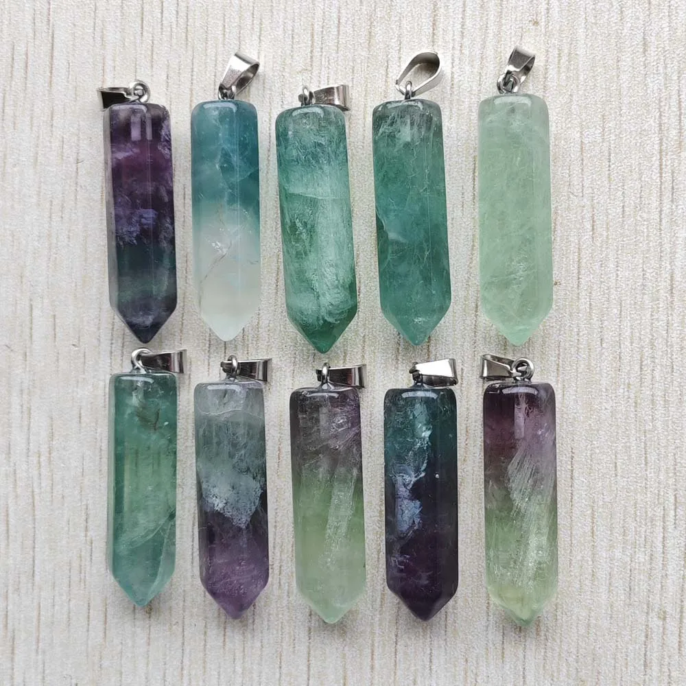 Beautiful Natural Fluorite Stone Good Quality Pillar Charm Pendants for Jewelry Accessories Making Free Shipping Wholesale 10pcs