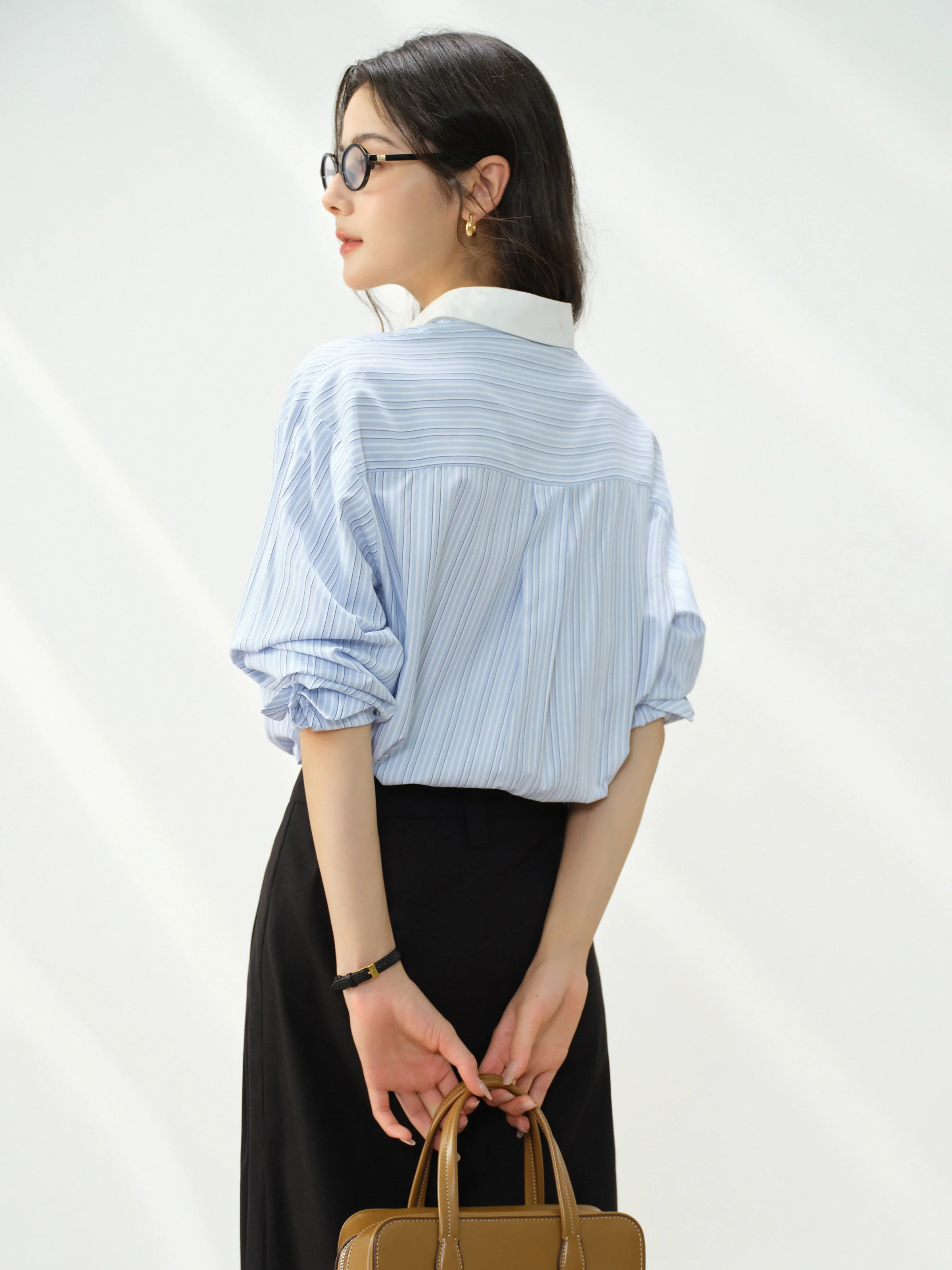 Striped Shirt Women Elegant Loose Blouse Color Block Collar Office Top Autumn Slimming Professional Commuter Button Down Shirt