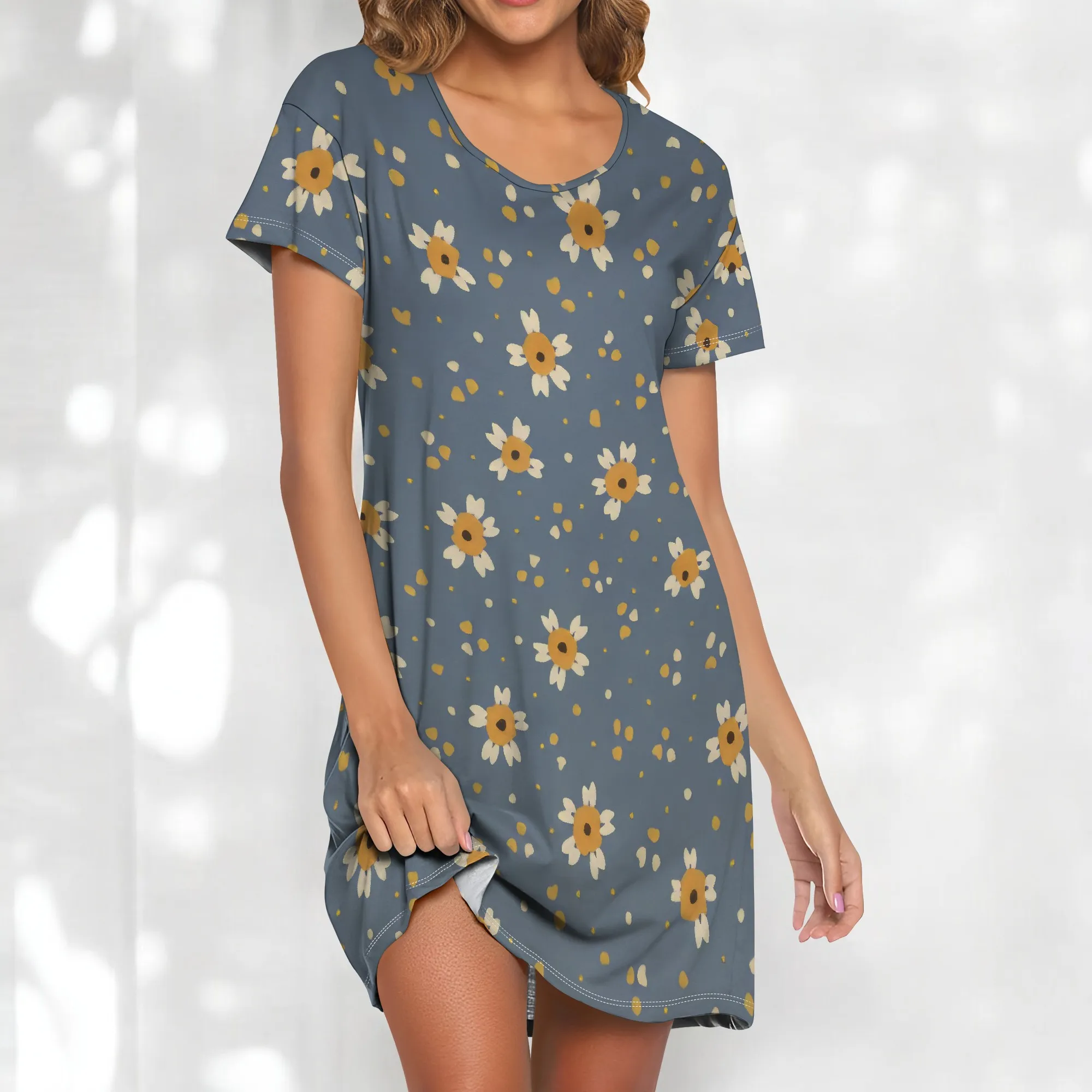 ผู้หญิงขนาดพิเศษฤดูร้อนชุดลําลองเสื้อยืดหลวม Flowy แขนสั้นมินิ Sundress เซ็กซี่ U-คอ A-Line Swing Dress