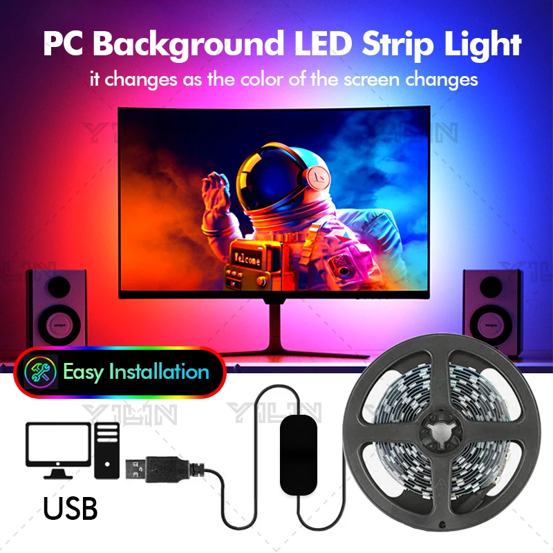 Immersive RGBIC LED Strips PC Background Computer Light Strip USB 5V Monitor Screen Color Sync Smart Control Ambient Decor Lamp