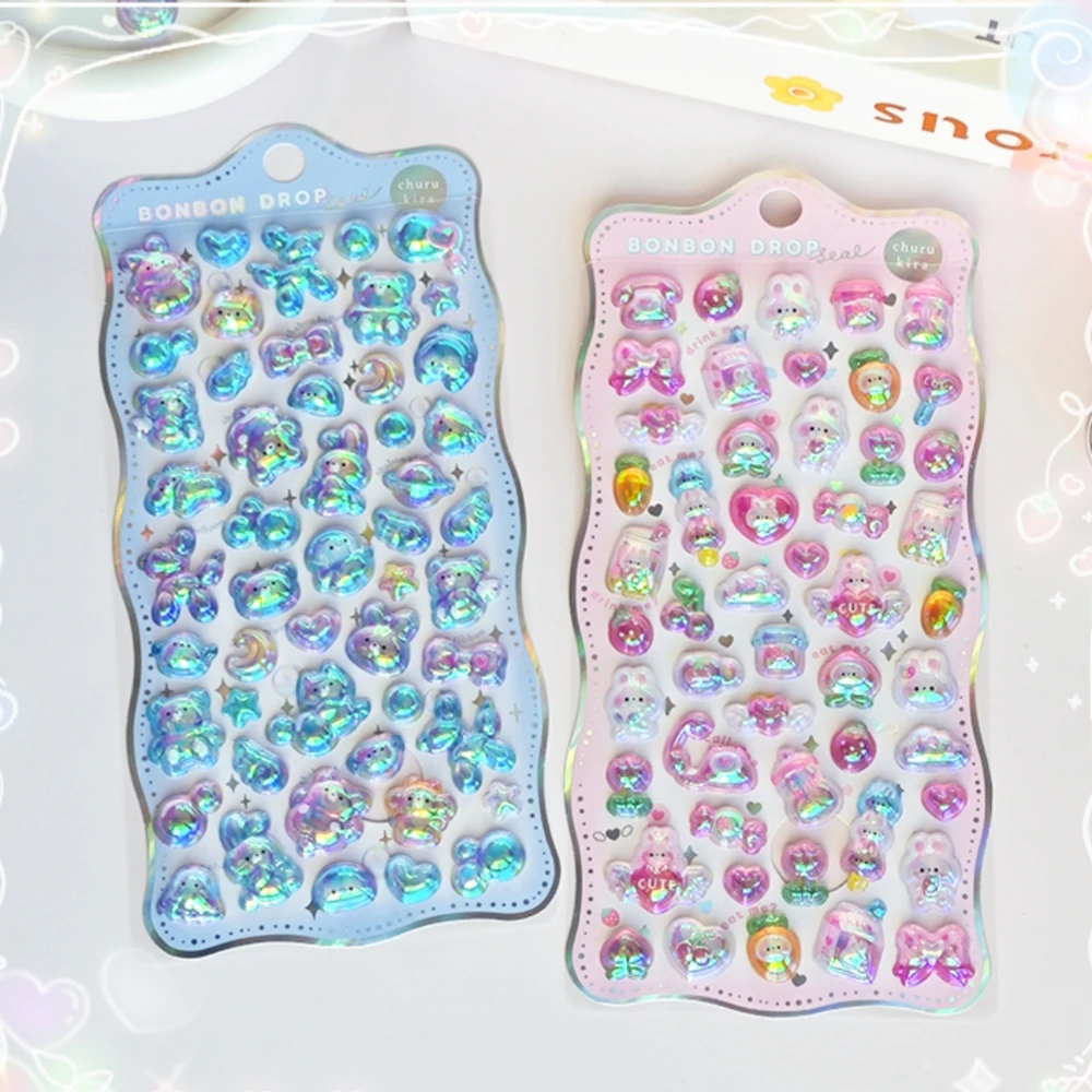 Cartoon Bowknot Animals Rainbow Gradient 3D Relief Stickers Cute Stationery Diy Scrapbooking Journal Sticker Decor Art Supplies