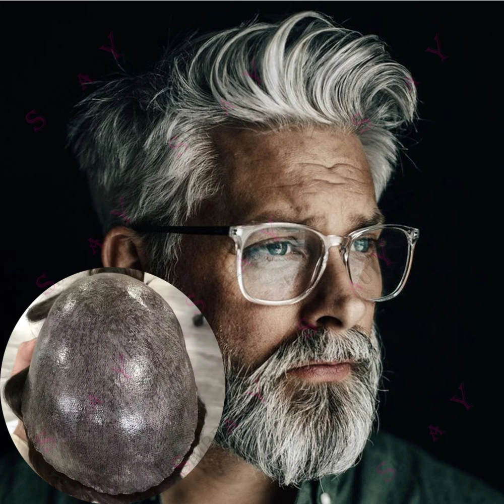 جلد رقيق 0.1 ملم 1b80 شعر بشري طبيعي رمادي قديم للرجال # 3 # 4 # 6 أنظمة بديلة لقطع الشعر الاصطناعية للذكور