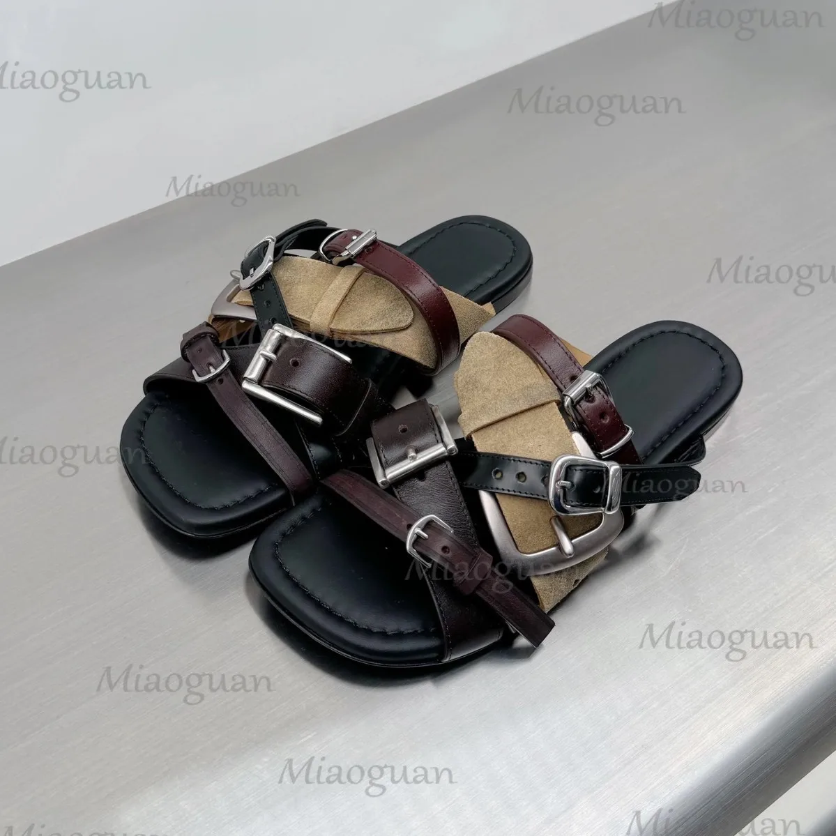 Roman Metal Buckle Sandal  Vintage Colorblock Flat Beach Vacation Slide Shoes Women Slip On Open-Toe Summer Strap Footwears